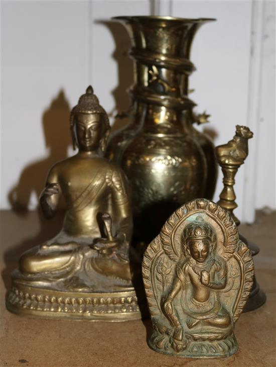 2 brass buddhas, vase & bell